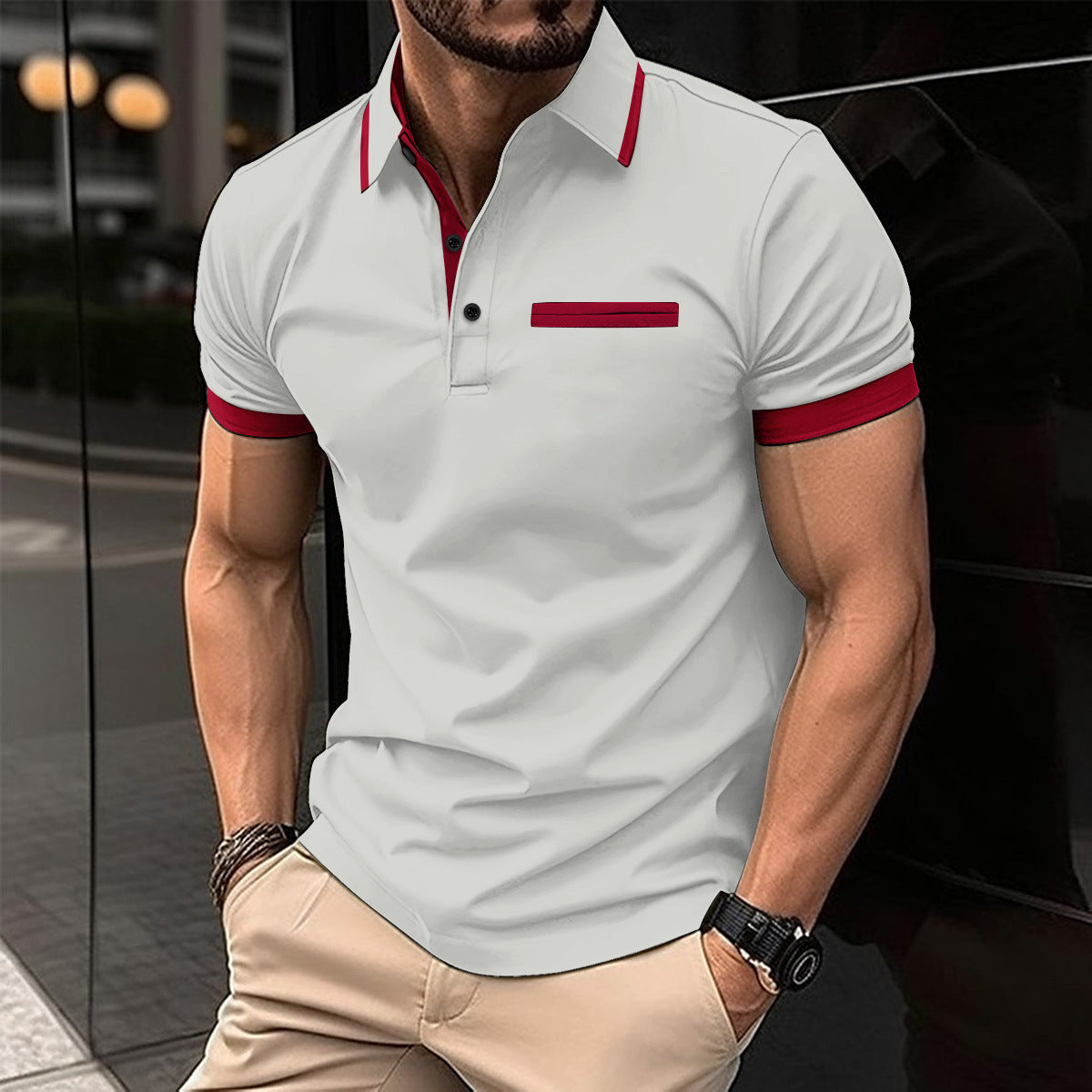 Casual lapel polo shirt with fake chest pocket, lapel button, business versatile men's top