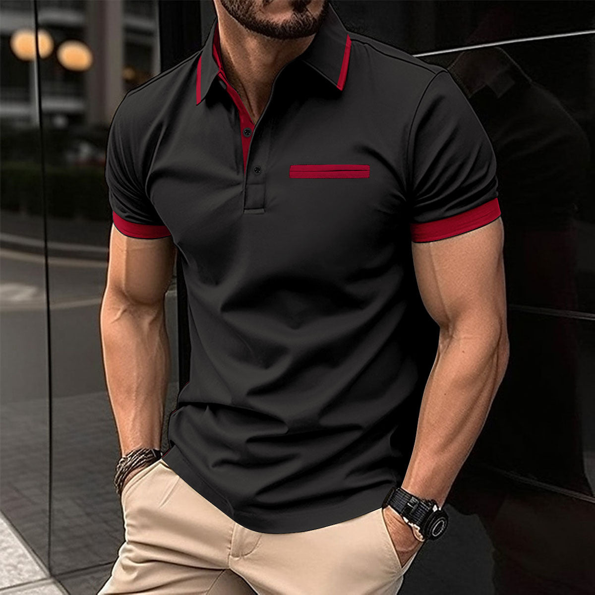 Casual lapel polo shirt with fake chest pocket, lapel button, business versatile men's top