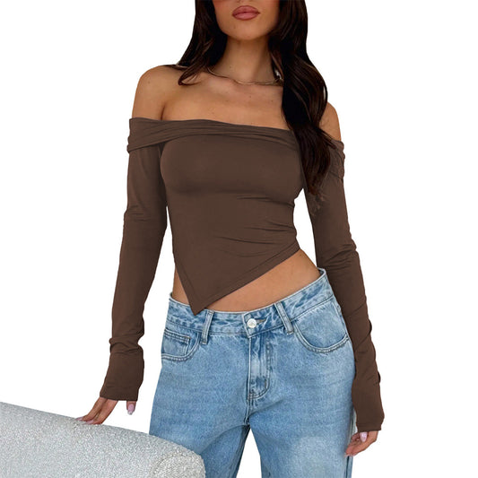 Women's personalized fashion style one-line collar off-the-shoulder short long-sleeved top ﻿