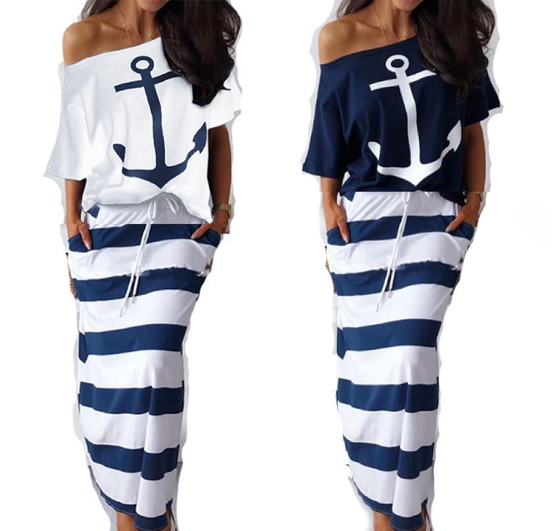 New European and American Navy Style Casual Set Womens Boat Anchor Print Womens Short Sleeve Set Women