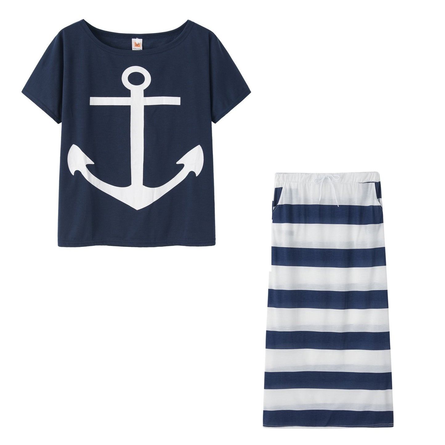 New European and American Navy Style Casual Set Womens Boat Anchor Print Womens Short Sleeve Set Women