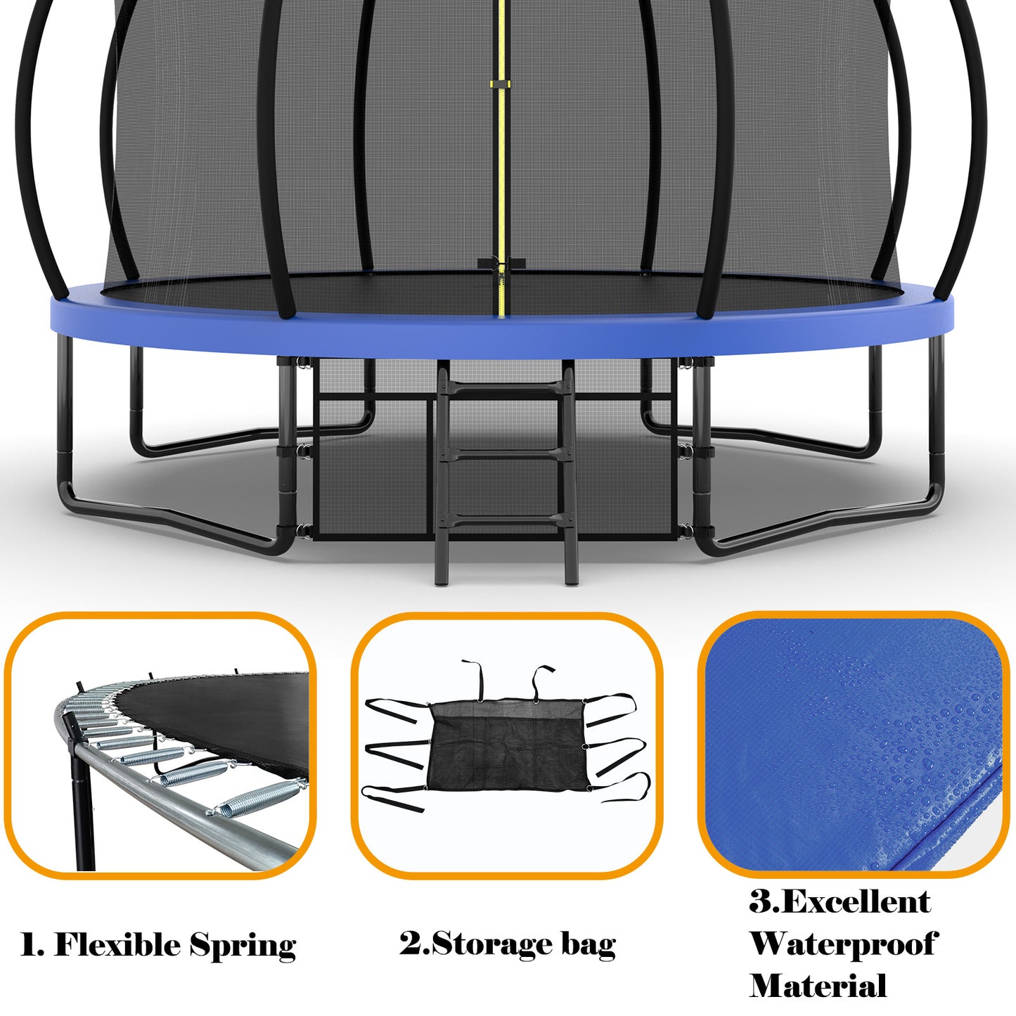 12FT Recreational Kids Trampoline with Safety Enclosure Net & Ladder, Outdoor Recreational Trampolines