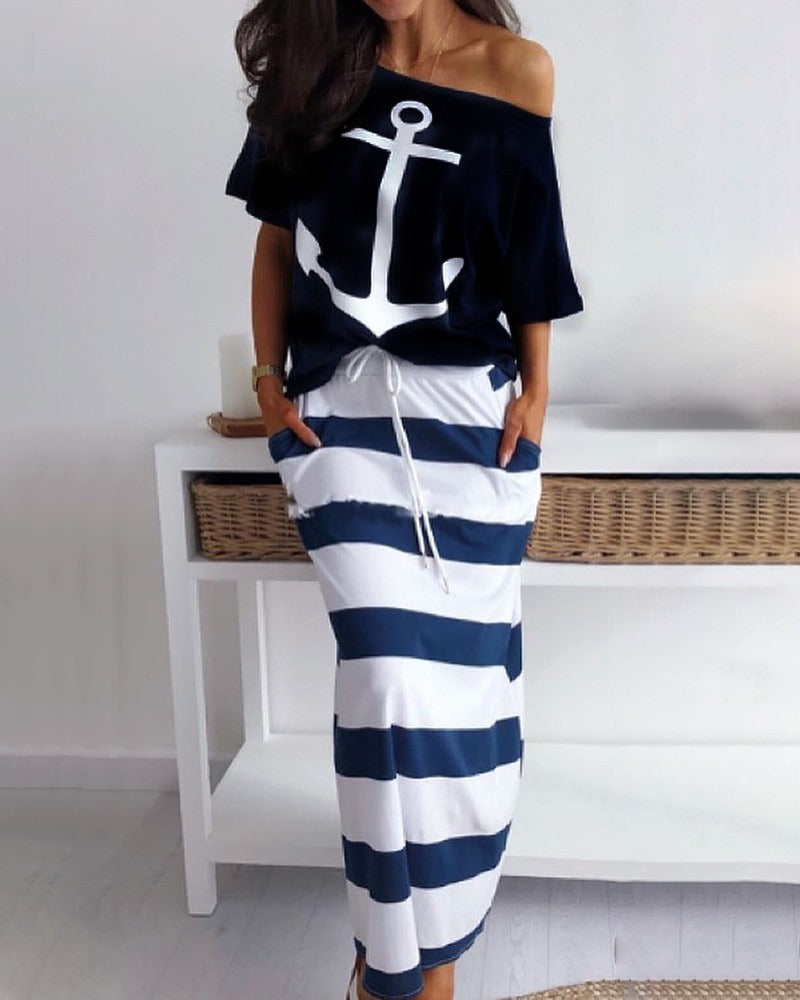 New European and American Navy Style Casual Set Womens Boat Anchor Print Womens Short Sleeve Set Women