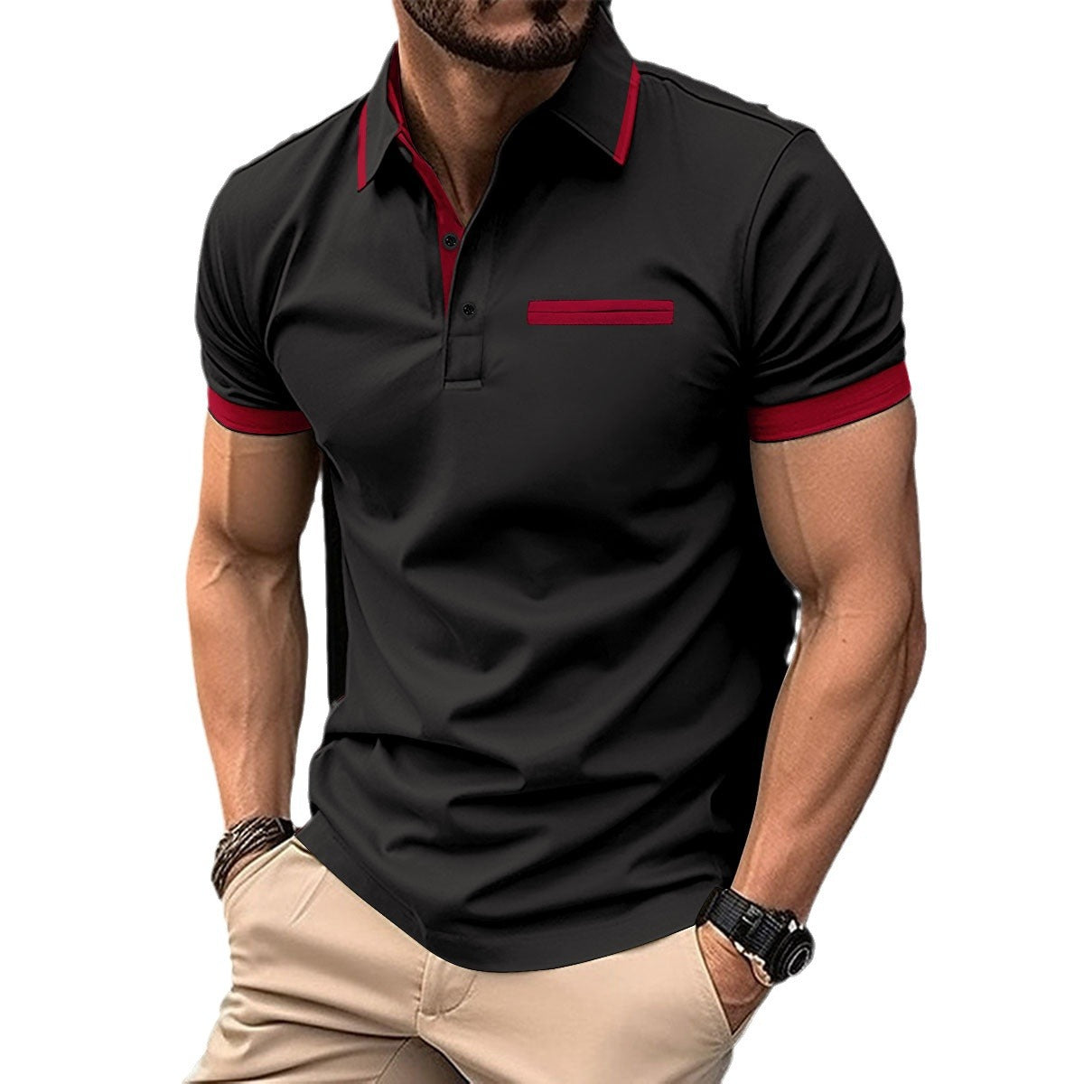 Casual lapel polo shirt with fake chest pocket, lapel button, business versatile men's top