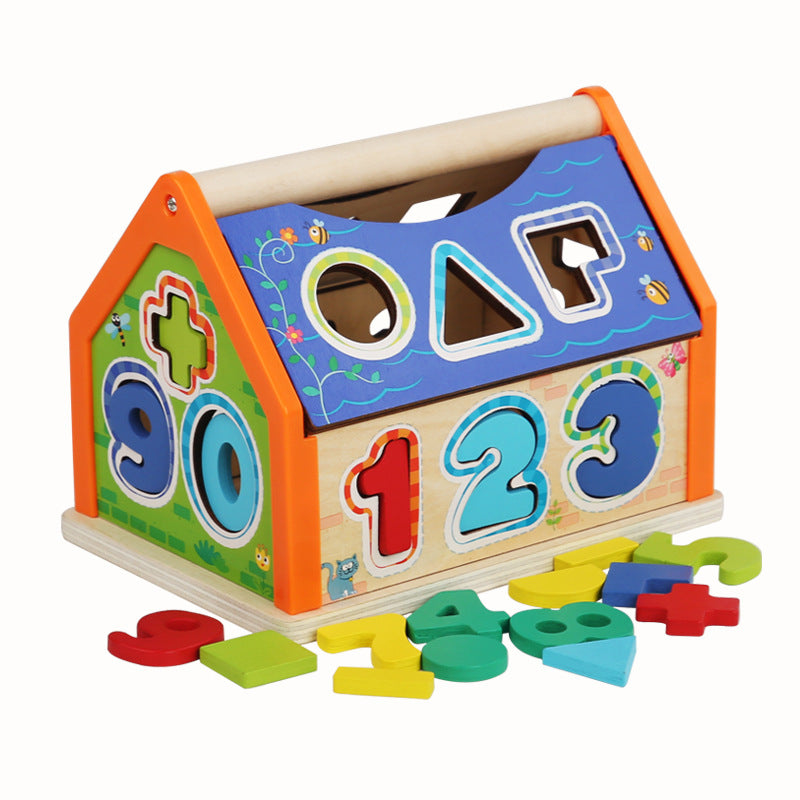 Children's wooden building blocks exercise hand eye coordination shape number cognition early education shape number house puzzle toys