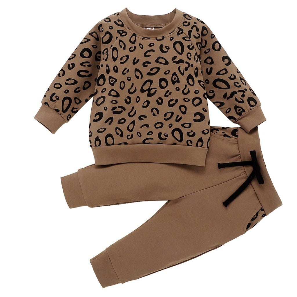 Kids Clothing Set  Print Baby Girl Clothing Infant Baby Girl Boy Leopard Print T-shirt Sweater Coat Tops Pants Outfits