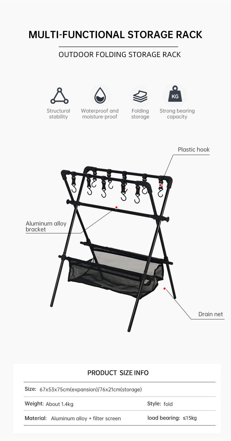 Outdoor camping folding shelf camping car drying rack drying net drying rack storage rack[Multifunctional Folding Storage Rack]Can be used to hang kitchen utensils, clothes, camping, barbecue, courtyard, bonfire party and other sundries.