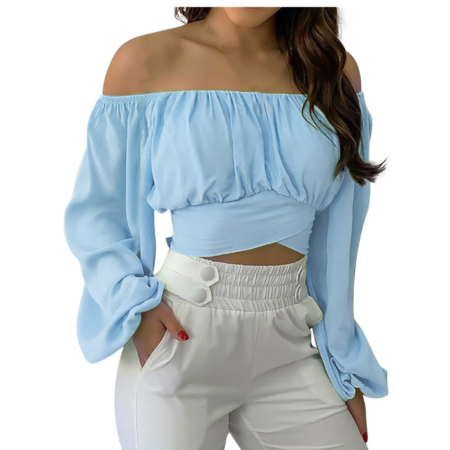 Hot Selling Womens Off Shoulder Cross Tie Long Sleeved Top In Europe and America