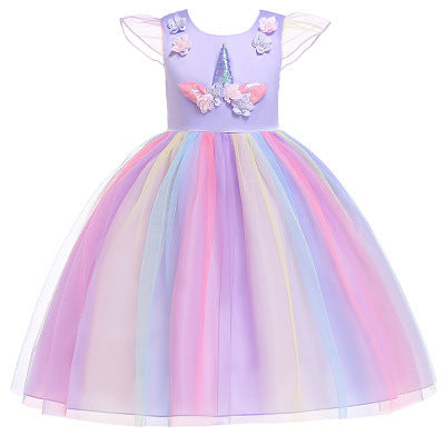 Kids Dress Mesh Unicorn Princess Girl Dress