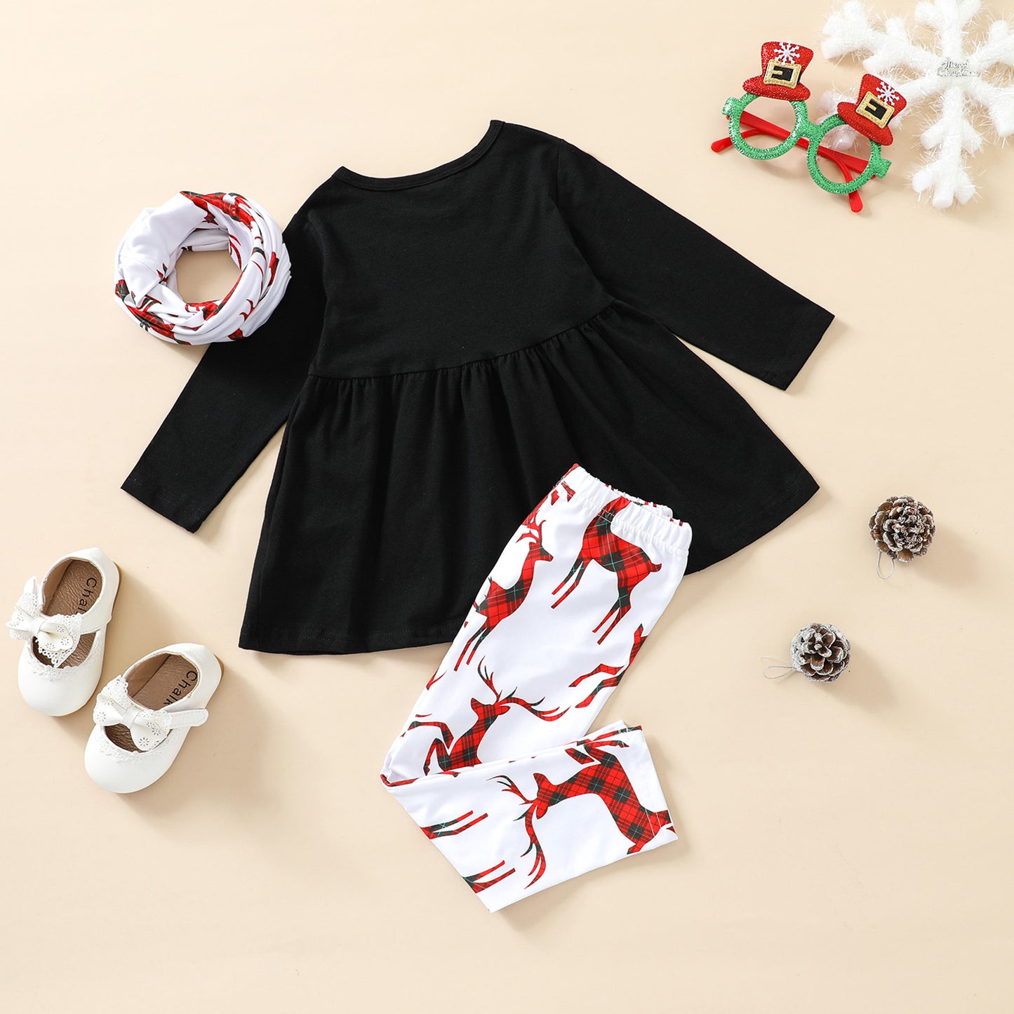 Girlymax Fall winter Christmas Baby Girls 3 pieces Scarf Children Black Red Plaid Cotton Outfit Boutique Pants Set Kids Clothing