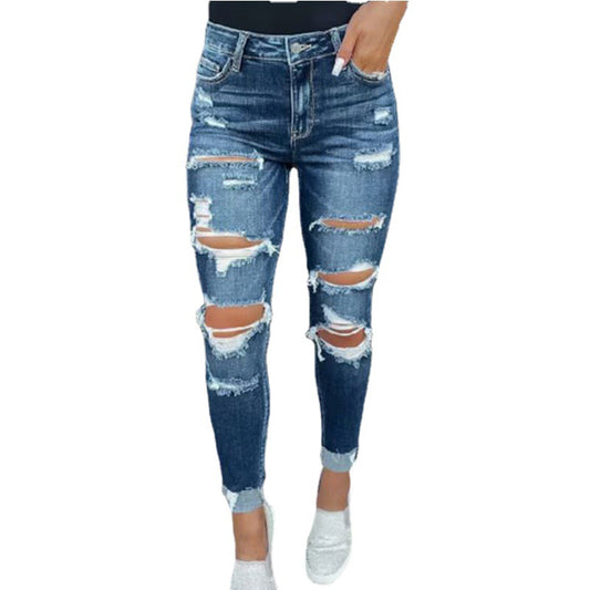 Women Stretch Ripped Jeans Frayed Raw Hem Distressed Denim Pants with Hole