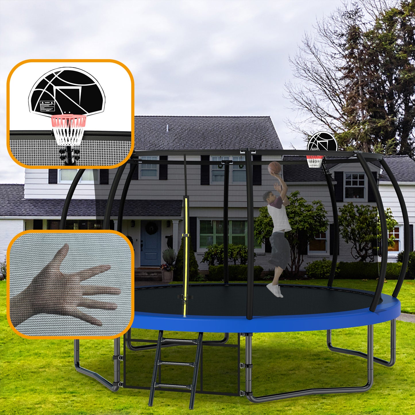 12FT Recreational Kids Trampoline with Safety Enclosure Net & Ladder, Outdoor Recreational Trampolines