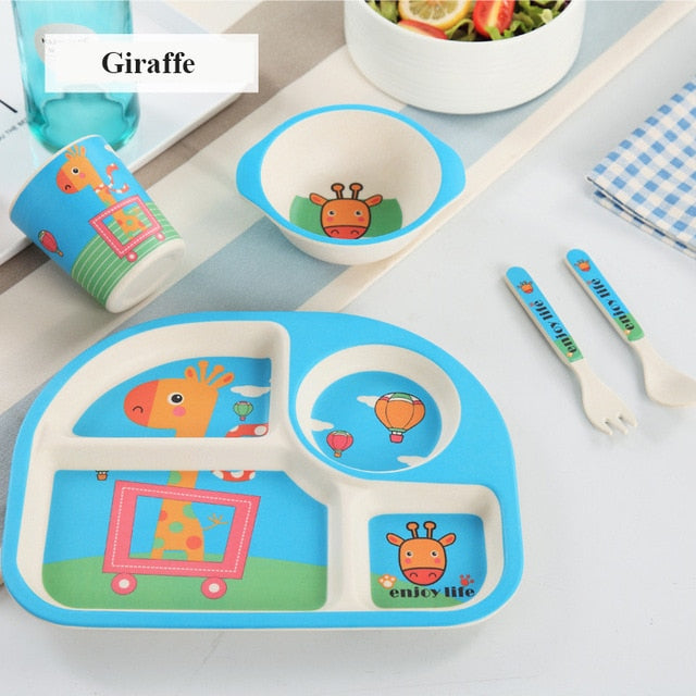 5pcs/set Baby Dinnerware Bamboo Fiber Children Tableware Set Plate Dishes Bowl With Spoon Cartoon Feeding Set Food Container