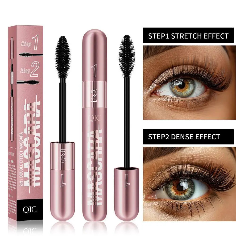 Double Head Black Mascara Waterproof Lengthens Extension Eyelashes Non-smudge Lengthening Volume 5D Silk Fiber Mascara Cosmetics