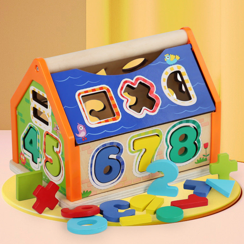 Children's wooden building blocks exercise hand eye coordination shape number cognition early education shape number house puzzle toys