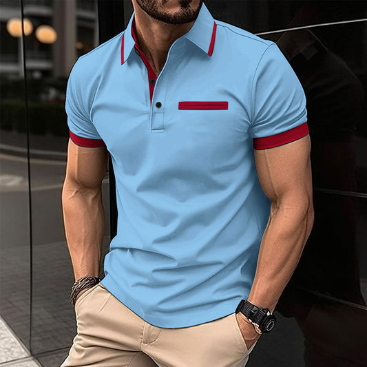 Casual lapel polo shirt with fake chest pocket, lapel button, business versatile men's top