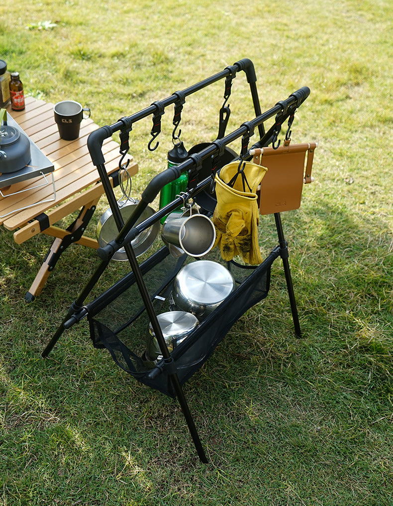 Outdoor camping folding shelf camping car drying rack drying net drying rack storage rack[Multifunctional Folding Storage Rack]Can be used to hang kitchen utensils, clothes, camping, barbecue, courtyard, bonfire party and other sundries.