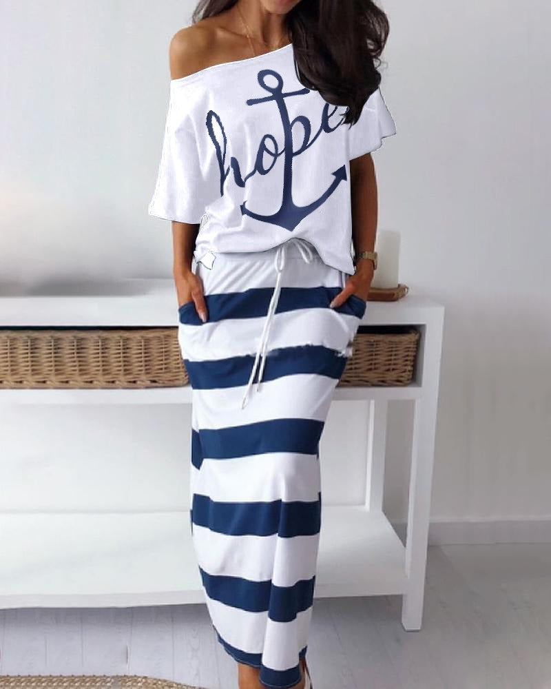 New European and American Navy Style Casual Set Womens Boat Anchor Print Womens Short Sleeve Set Women