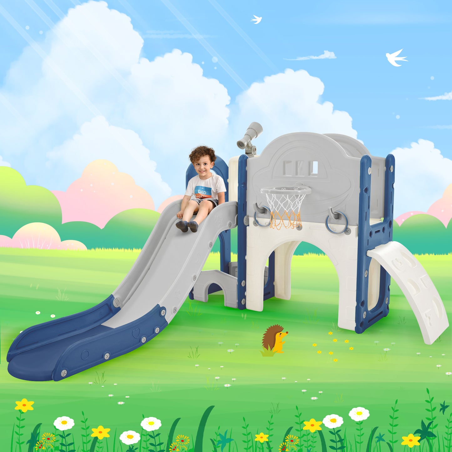 Kids Slide Playset Structure 7 in 1, Freestanding Spaceship Set with Slide, Arch Tunnel Blue+Grey + HDPE