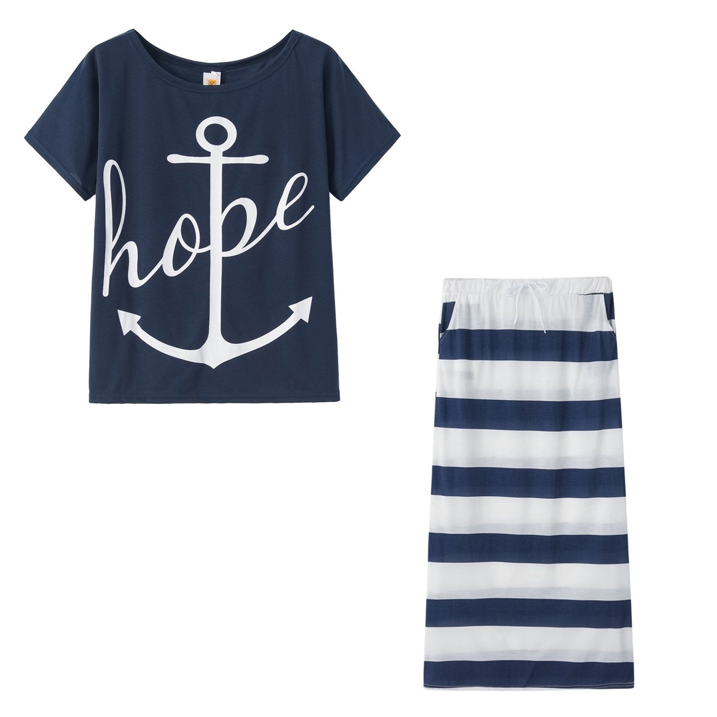 New European and American Navy Style Casual Set Womens Boat Anchor Print Womens Short Sleeve Set Women