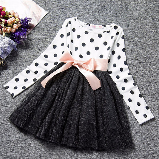 Dot Long Sleeve Dress For Girls Clothing Girl-Teenager School Daily Wear Sashes Kids Casual Clothes