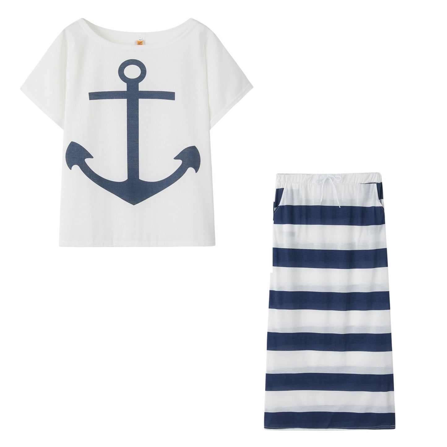 New European and American Navy Style Casual Set Womens Boat Anchor Print Womens Short Sleeve Set Women