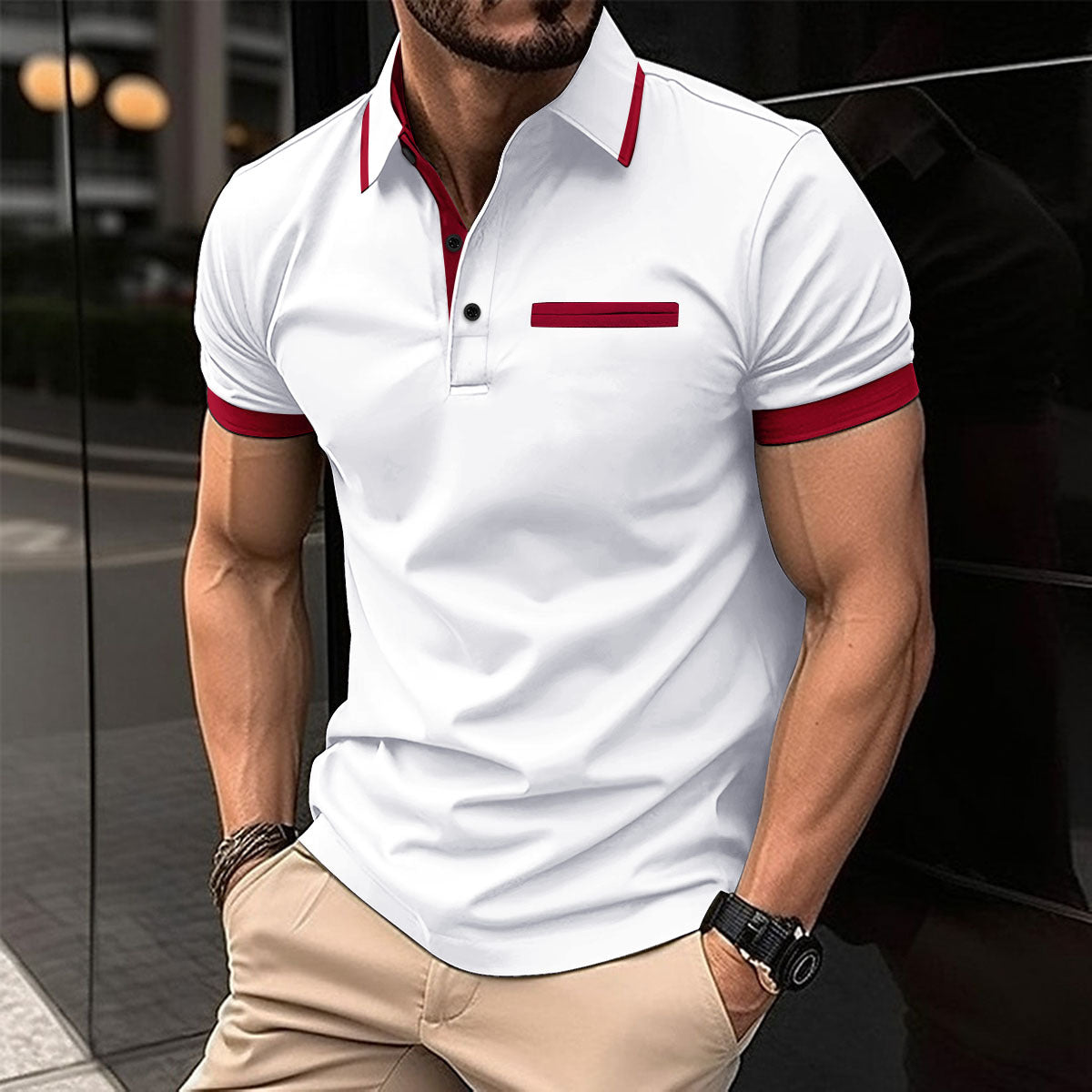 Casual lapel polo shirt with fake chest pocket, lapel button, business versatile men's top