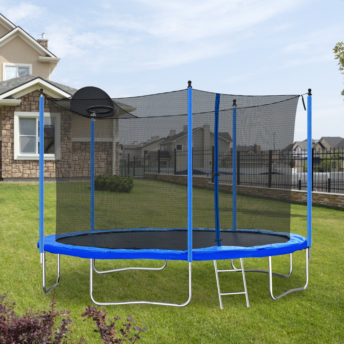 12FT Trampoline for Adults & Kids with Basketball Hoop, Outdoor Trampolines w/Ladder and Safety Enclosure Net for Kids and adult