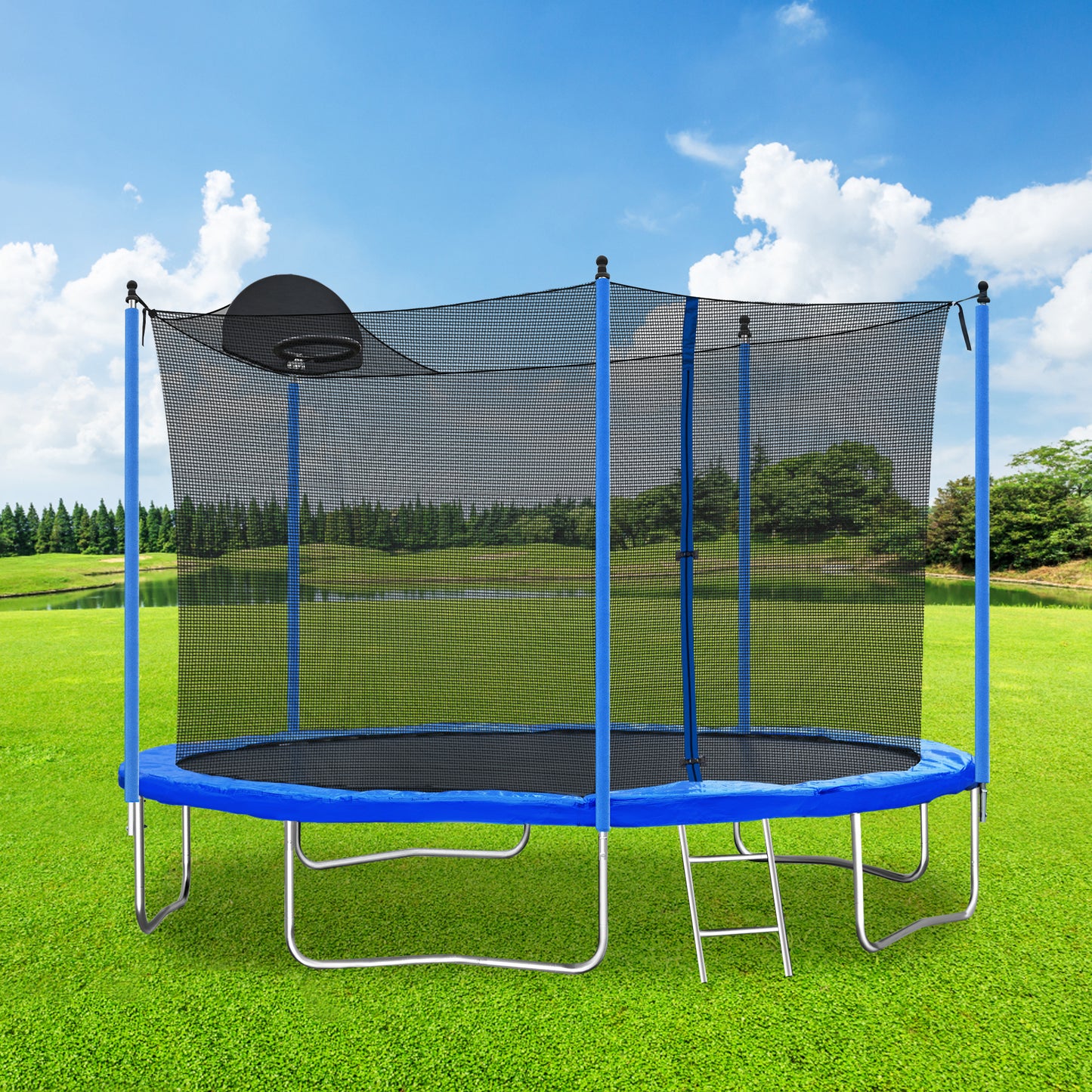 12FT Trampoline for Adults & Kids with Basketball Hoop, Outdoor Trampolines w/Ladder and Safety Enclosure Net for Kids and adult