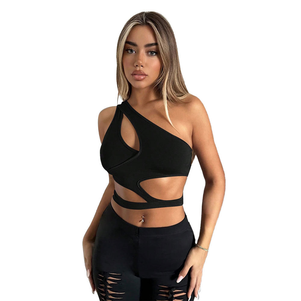 Women's spring and summer new street style T-shirt one-shoulder cross-neck short sexy top